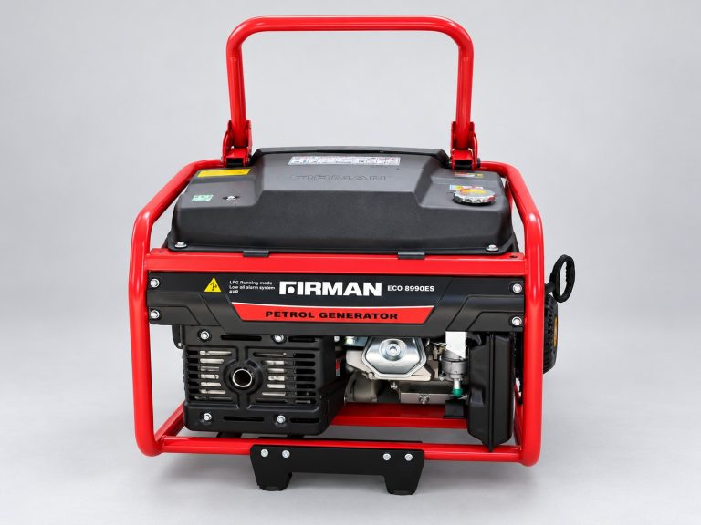 Firman 7.0kVA key start petrol generator with remote, red frame and black fuel tank for rent in Abuja at Ziva Rentals.